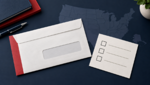 Blank ballot envelope and three-step voting checklist over a U.S. map illustration