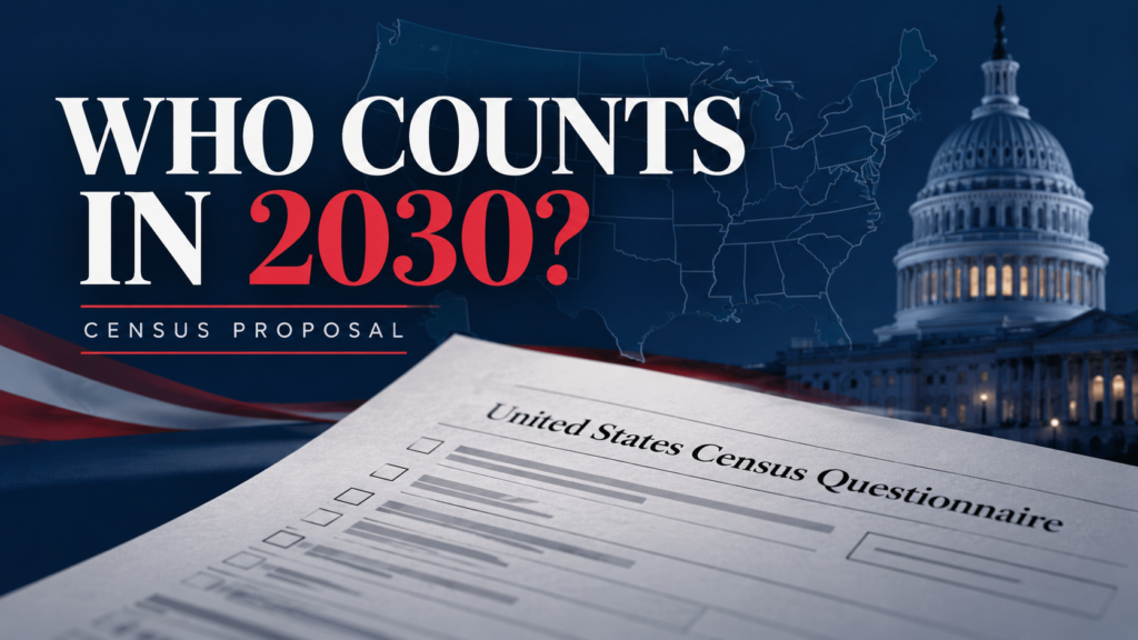 Illustration of a census questionnaire, U.S. map and Capitol with the headline Who Counts in 2030?