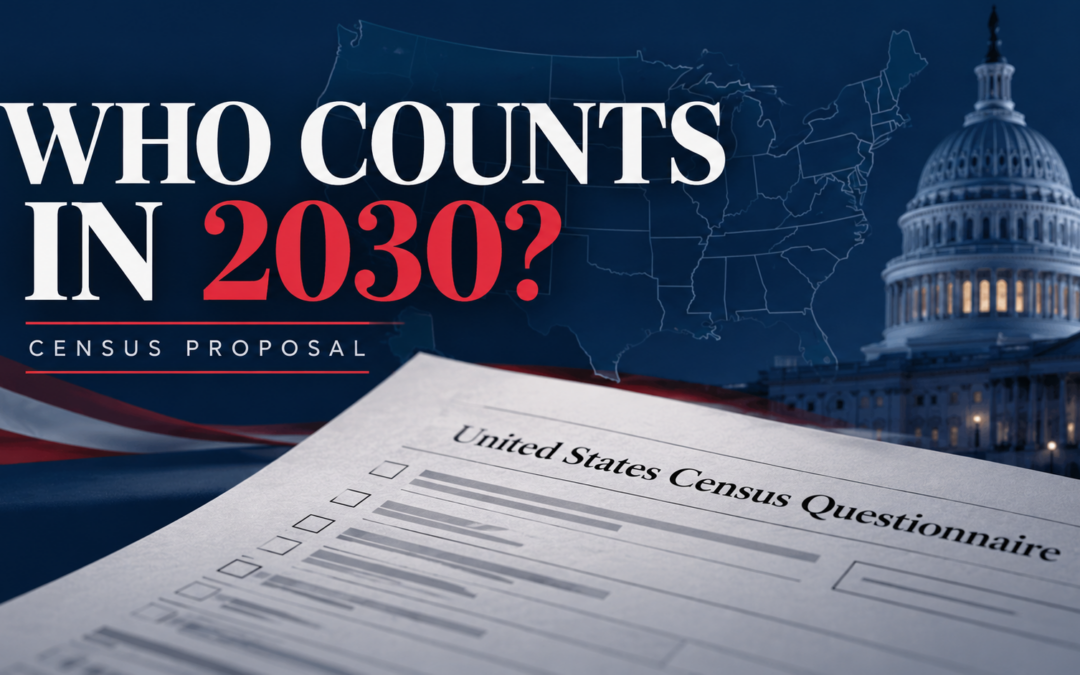 Illustration of a census questionnaire, U.S. map and Capitol with the headline Who Counts in 2030?